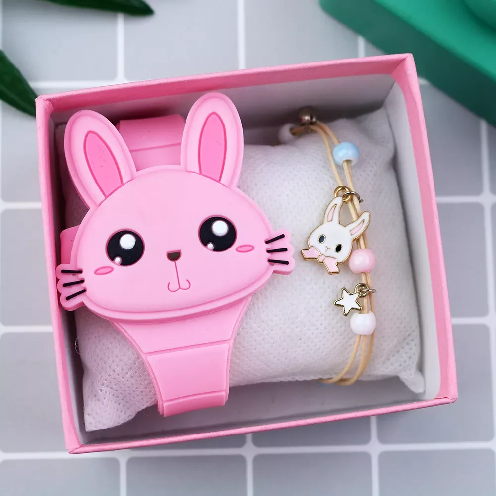 

LED Cartoon Rabbit Children Watches with Bratelet Lovely Rabbit Electronic Girls Kids Watch ladies Flip Cover Students Clock