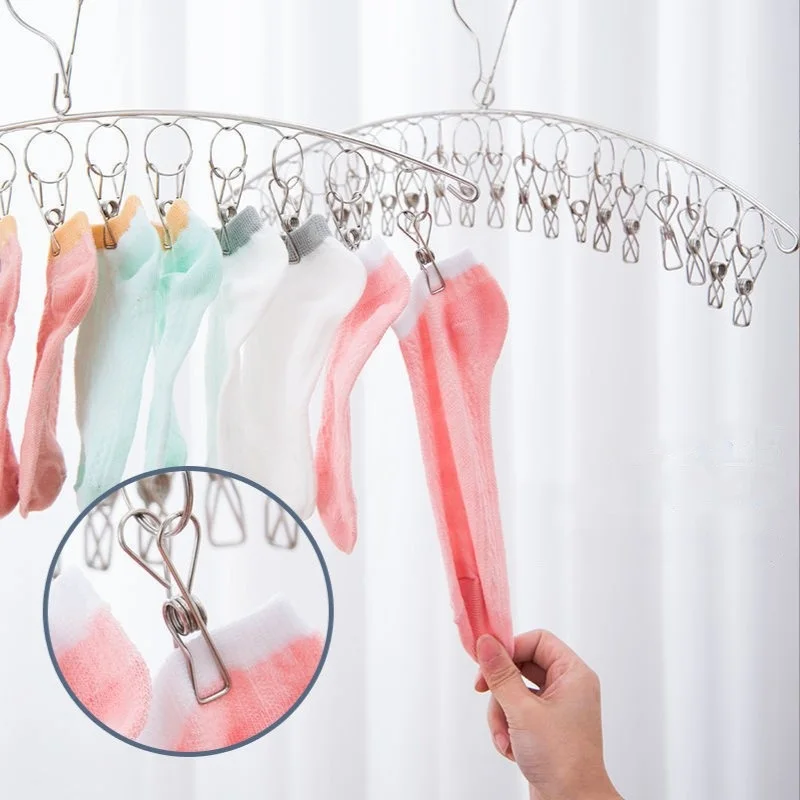 

Stainless Steel Clothes Drying Hanger Windproof Adults Clothing Rack Sock Laundry Airer Hanger Underwear Socks Holder 20 Clips