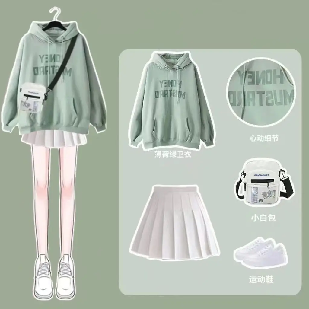 

Осень-зима 2023, модный свитер в Корейском стиле, свободный свитер в стиле оверсайз с капюшоном и надписью, черно-белая плиссированная юбка