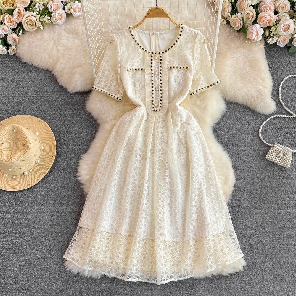 

Summer Korean Version Gentle Atmosphere Quality Long Sleeve Round Neck Waist Slimming Mid-length Lace Dress