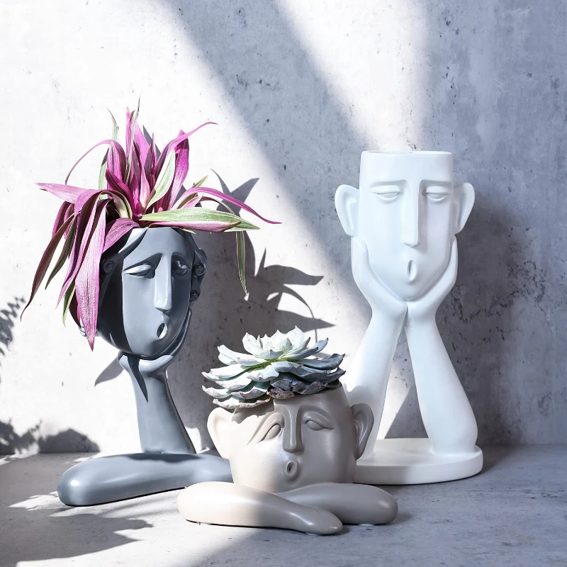 3PCS Human Face Shaped Flower Pots Irregular Modern Head Busts Garden Decorative Figurines Boy Planters with Drainage Holes