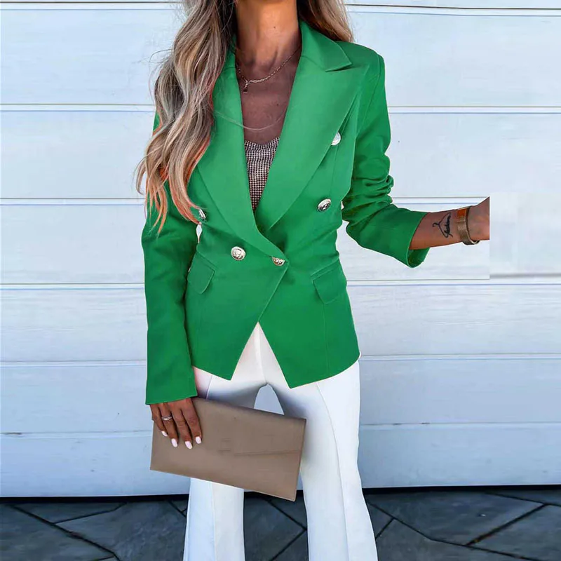 

New Autumn Double Buttoned Commute Slim Jackets Female Elegant Lapel Long Sleeve Coats Casual Solid Temperament Cardigan Coats