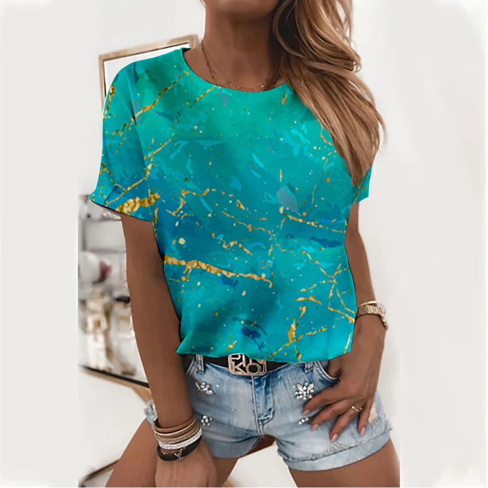 

Summer Casual Women's Marble Texture Print Street Top Crewneck Loose Short Sleeve T-Shirt