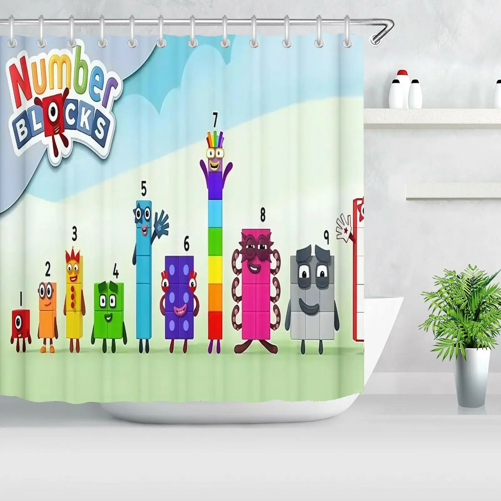 Фото Занавеска для душа с героями мультфильма Numberblocks, водонепроницаемая, для детской ванной комнаты, с крючками, развивающий декор для ванной для детей №2