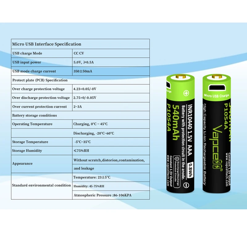 USB-батарея Vapcell P1054A 10440