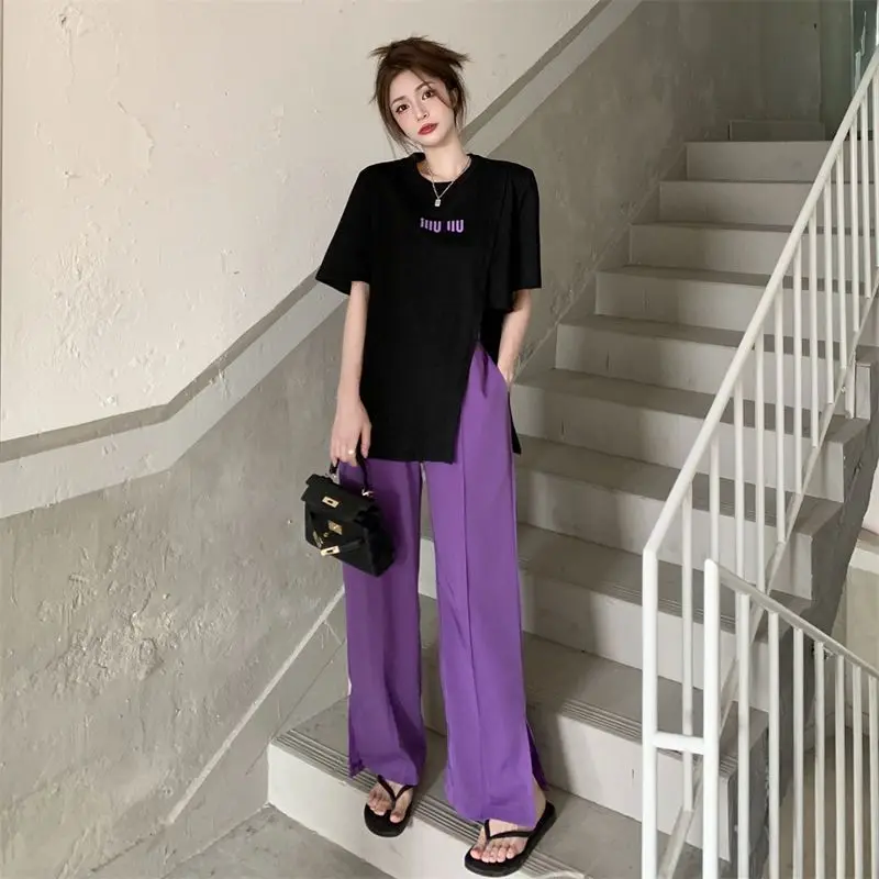 

Женский костюм-футболка с коротким рукавом, черный костюм из двух предметов в Корейском стиле, тонкие открытые повседневные брюки с высокой талией, Y2K, лето 2023