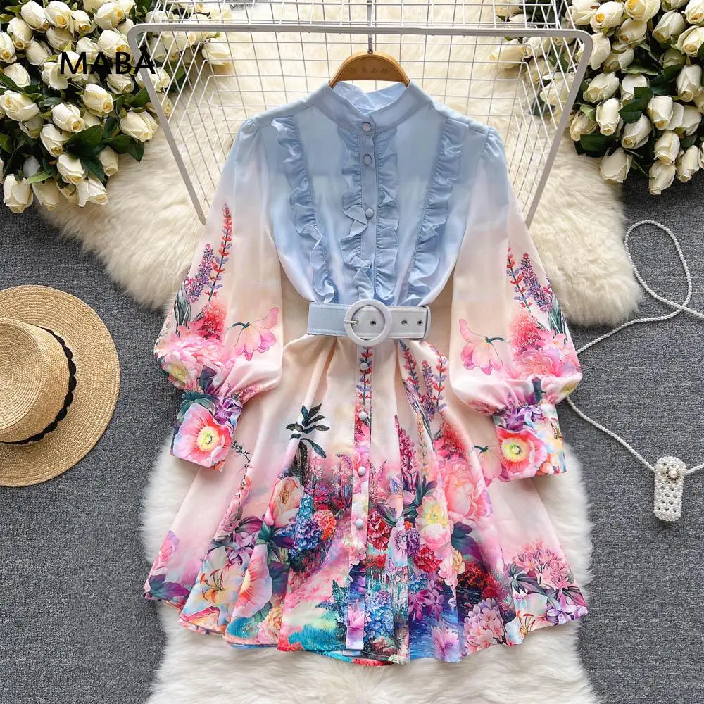 

2022 Autumn Women Stand Collar Lantern Sleeve Floral Print Short Dress Vintage Elegant Ruffle Runway Designer Dresses Plus Size