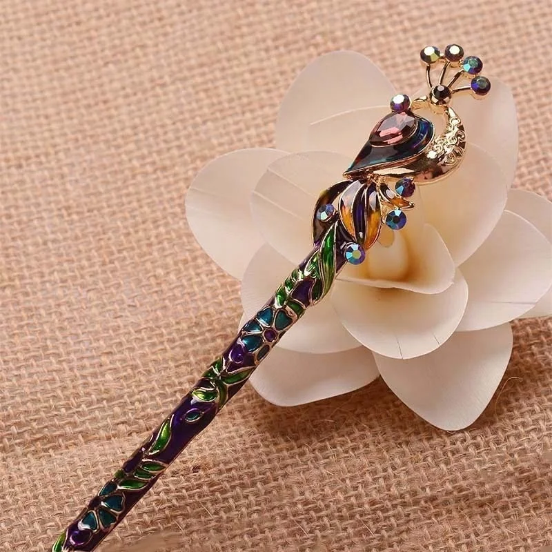 Retro Women Enamel Crystal Peacock Hair Stick Hairpin Chinese Style Handmade Accessories | Jewelry