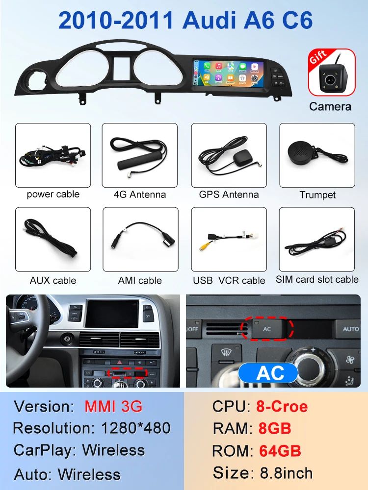 

2025 Новый черный автомобильный мультимедийный беспроводной Android AUTO CarPlay 8,8-дюймовый экран для AUDI A6 C6 2005-2011 лет Автомобильные видеоплееры GPS