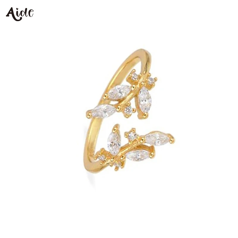 Aide Presale Solid Gold Jewelry 9K/10K/14K/18K/24K Gold Trendy Shimmering Zircons Branch Leaf Adjustable Rings For Women Girls