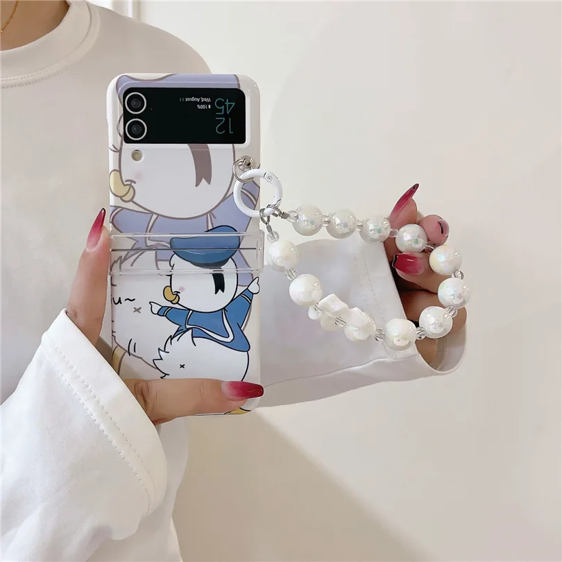 

Duck Cartoon Chains Phone Case for Samsung Galaxy Z Flip 3 Z Flip 4 Hard PC Back Cover for ZFlip3 ZFlip4 Case Protective Shell
