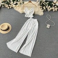 chiffon pleated camis crops tops and pants 2 piece set women matching sets outfits sexy high waist wide leg pants streetwear set