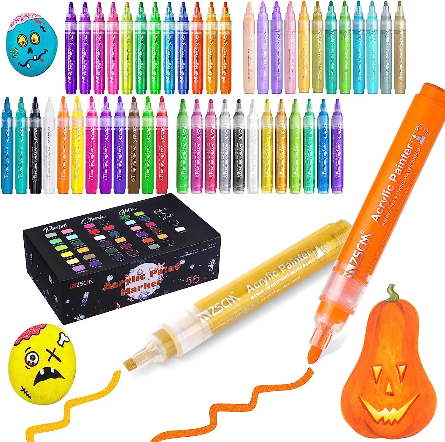 , 56 Colors Paint Markers For Halloween Pumpkin Painting, Metallic Art Marker, For Kids Adults