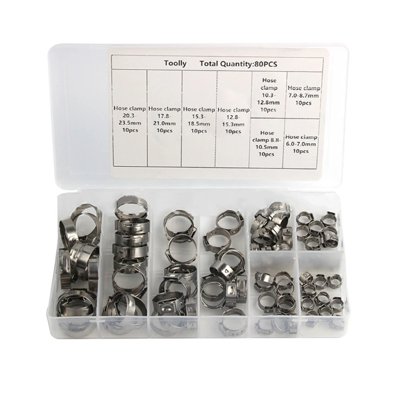 

80/45 PCS multi-size stainless steel single ear hoop stepless hose clamp with pliers kit car pipe clamp fixing tool