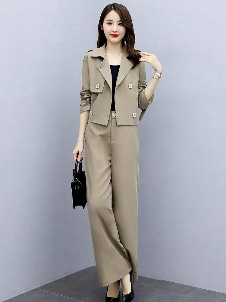 

Spring Autumn Woman Lanon Cotton Notched collar Solid New Fashion Button Long Sleeves Wideleg Blazer+Pants Two Piece Women's Set