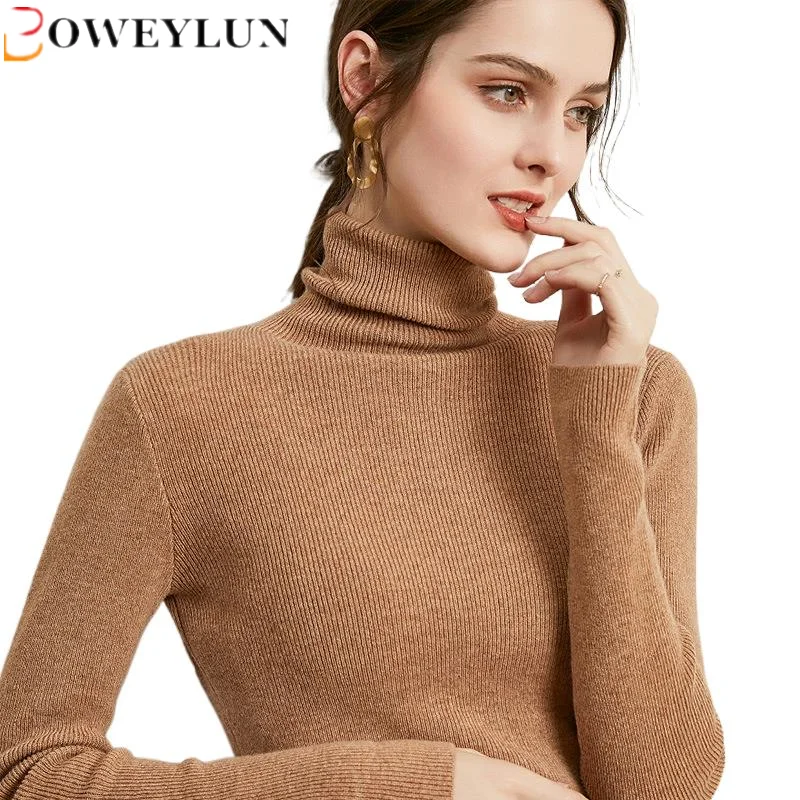 BOWEYLUN осенне-зимний вязаный свитер с воротником-стойкой женский тонкий пуловер