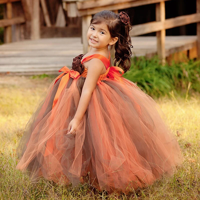 Mädchen Halloween Tutu Kleid Kinder Orange Kaffee Tüll Kleid Ballkleid mit Blume Stirnband Kinder Geburtstag Party Kostüm Kleider
