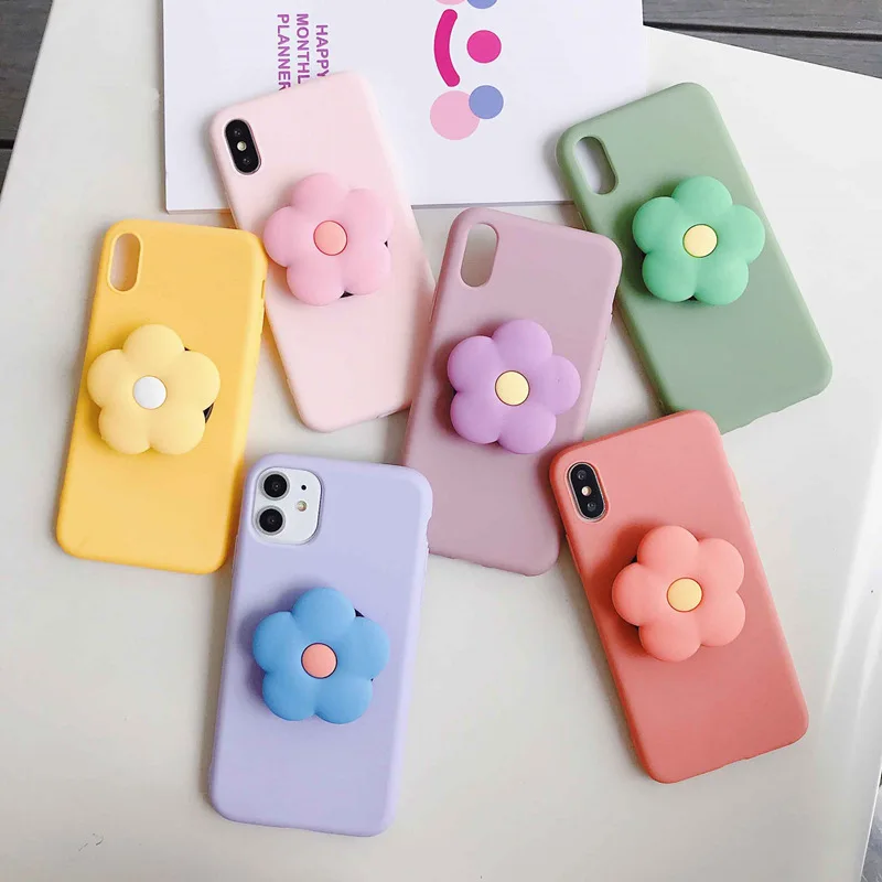 

3D Cute Flower Holder Stand Cartoon Case For iPhone 14 12 13 mini 11 Pro 7 8 plus Xs Max XR SE 2020 Cover Soft TPU Phone Cover