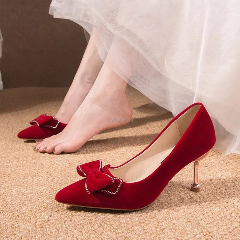 

Женские бархатные туфли-лодочки, красные вечерние туфли на высоком каблуке-шпильке, с острым носком и бантом, для свадьбы, 2022