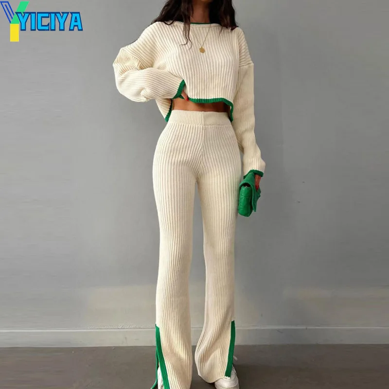 

YICIYA pant set Knitted two piece sets for women Casual Panelled Side Split Trouser Suits Crop Sweater High Waist Ladies Suits