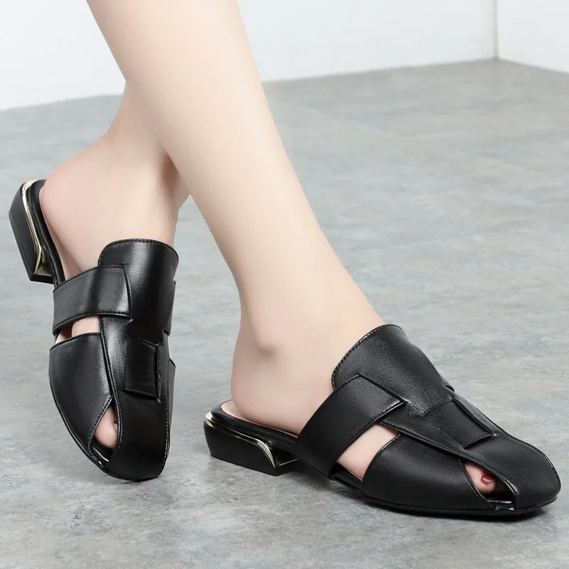 Sandals Women's 2023 New Baotou Slippers Wearing Women's Genuine Leather Fashion Flat Versatile Large-Size Women's Sandals