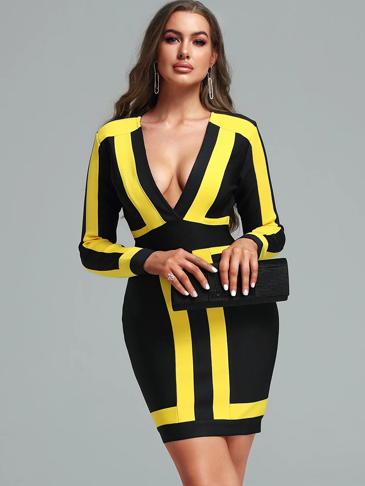 

Long Sleeve Bandage Dress Women Yellow Bodycon Dress Evening Party Elegant Sexy Hollow Out Knee Length Club Outfits 2022