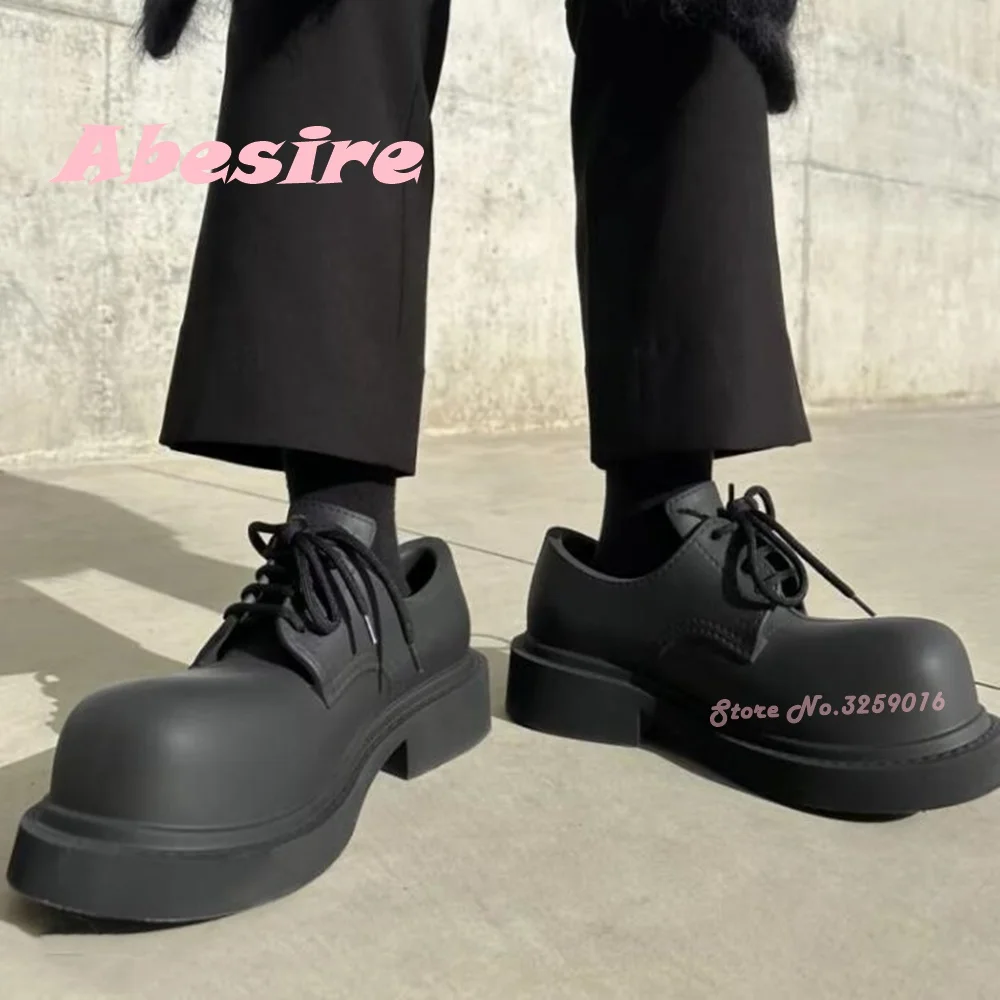 

Black Big Toe Boots Round Toe Thick Heels Women's Men's Ankle Boots Cross Tied Fashion Lace Up Shallow Leather Solid Casual Shoe