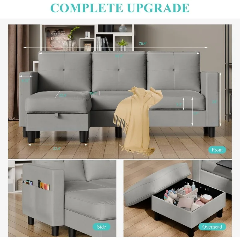 Современный L-образный диван из льняной ткани секционный трехместный с функцией