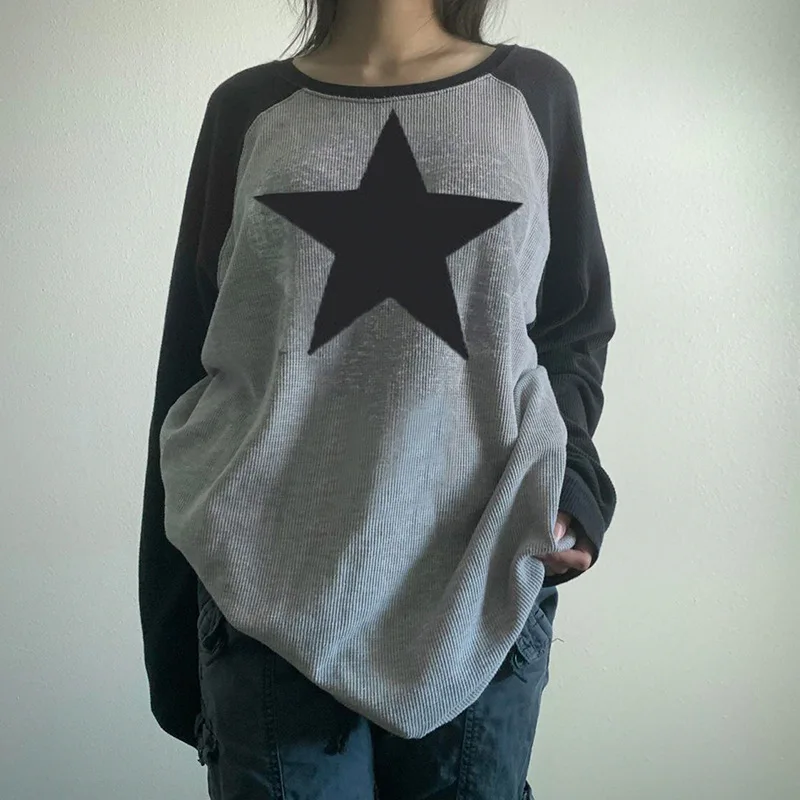 

American Five Pointed Star Retro Raglan Color Contrast Ladies Long Sleeve T-shirt Worn Neutral Lazy Casual Loose Women Clothes
