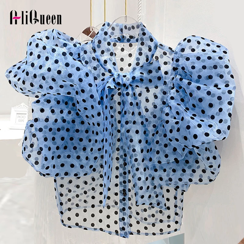 

Summer See-through Puff Sleeve Top Organza Shirt Bow Neck Polka Dot Women Sexy Blouses Female Slim Cropped Tops Blusas De Mujer
