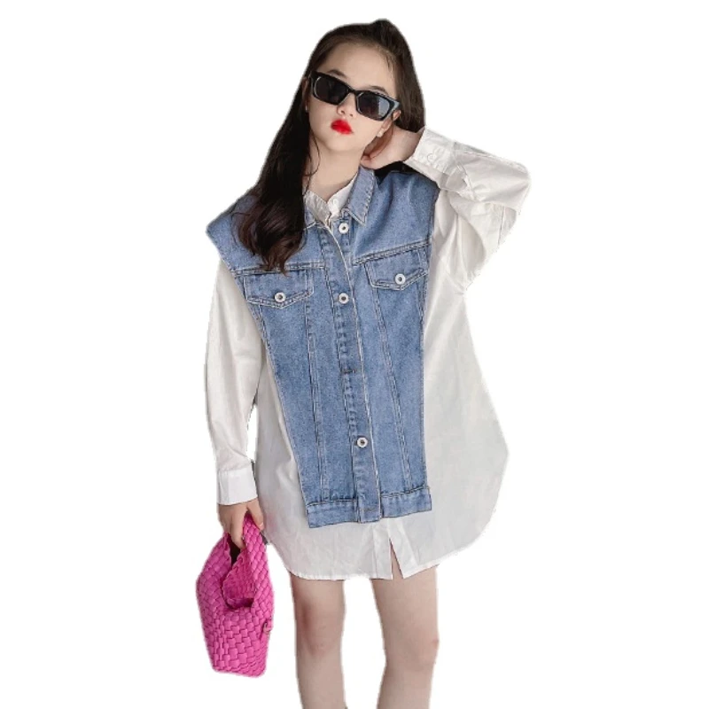 

Girls Denim Shirt Autumn New 2022 Long Sleeve White Blouse Patchwork Mid-length Shirt for Kids Fashion All-match Children Tops