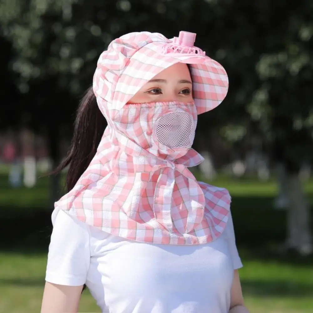 

Windproof Wide Brim Neck Riding Supplies Plaid Sunshade Sun Hat Fishing Fan Hat Cooling Fan Cap Sun Shading Cap