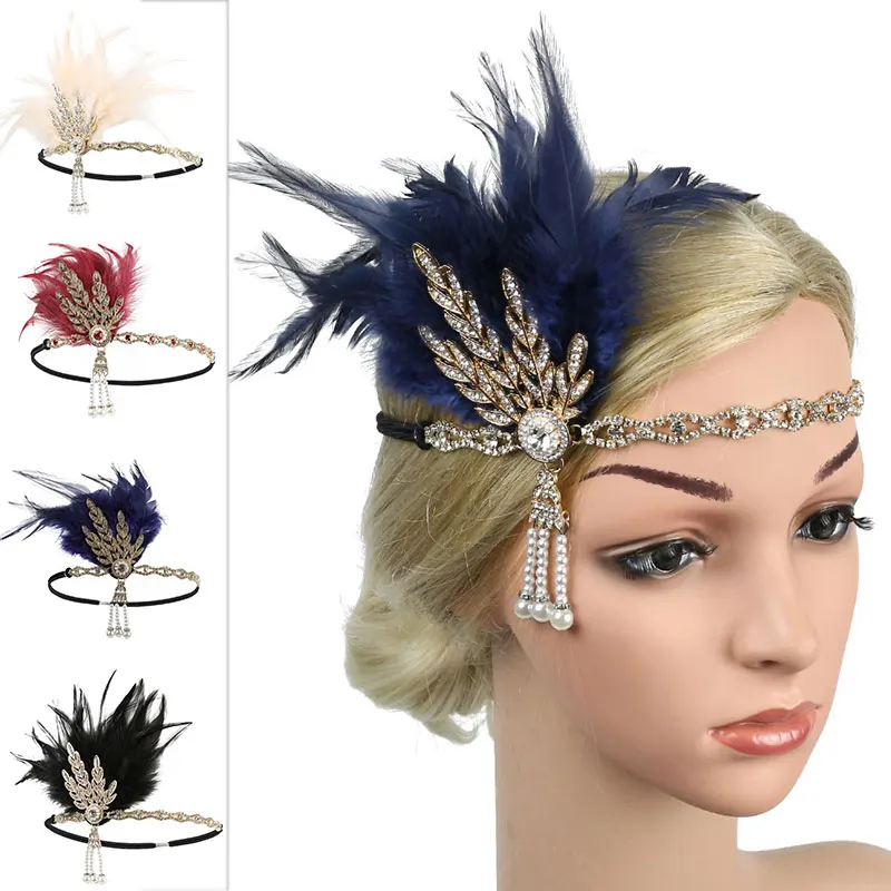 

Vintage Gatsby Party Headpiece Black Rhinestone Beaded Sequin Hair Band Women Flapper Feather Headband Hair Accessories
