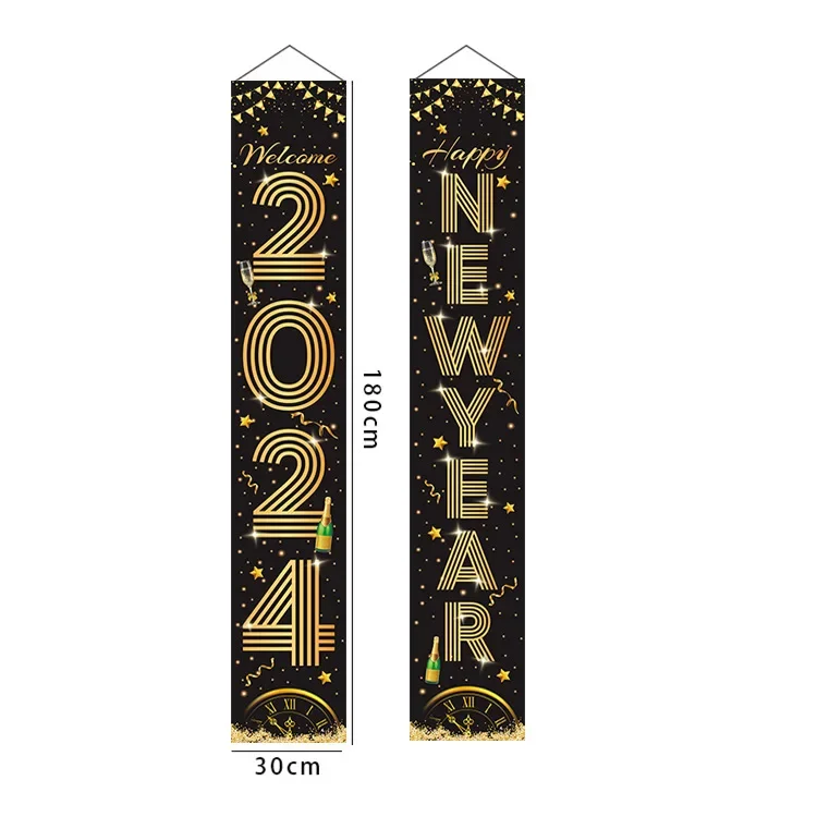

2024 Happy New Year Door Hanging Banner New Year Decorations Black Gold Porch Sign Flags New Year Eve Party Supplies 180*30cm