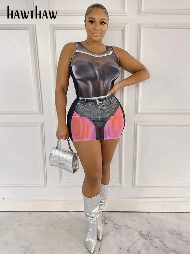 

Женская сетчатая майка Hawthaw, клубный комплект из двух предметов с мини-юбкой, комплекты одежды 2023, летняя одежда, оптовая продажа товаров для бизнеса