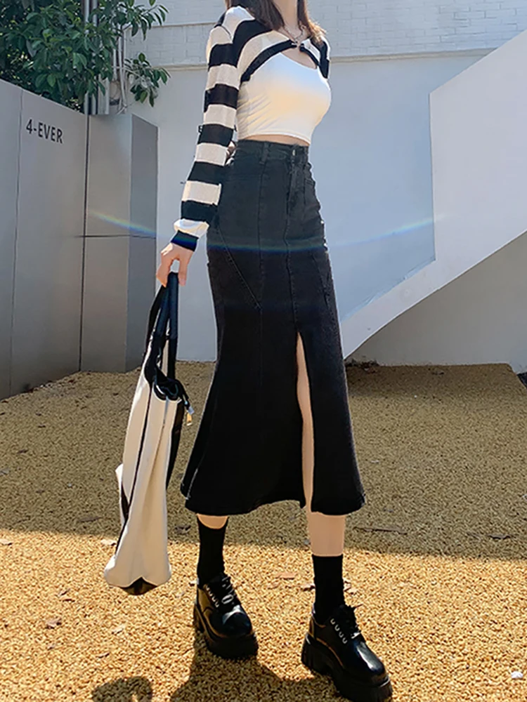 

Jean Skirt for Women 2023 Spring Summer Design Sexy Package Hip Mermaid Denim Skirt Streetwear Slit Midi Long Skirts Black Blue