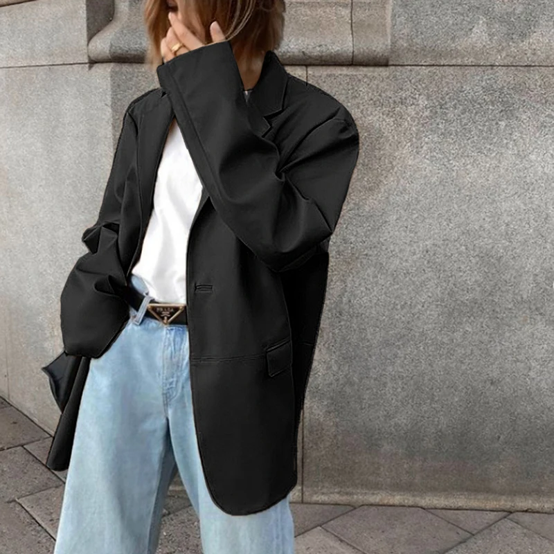 2023 Fall PU Leather Jacket Women's Black Single-breasted Blazer Ladies Casual Oversized Khaki Jacket High Street Jacket Femme