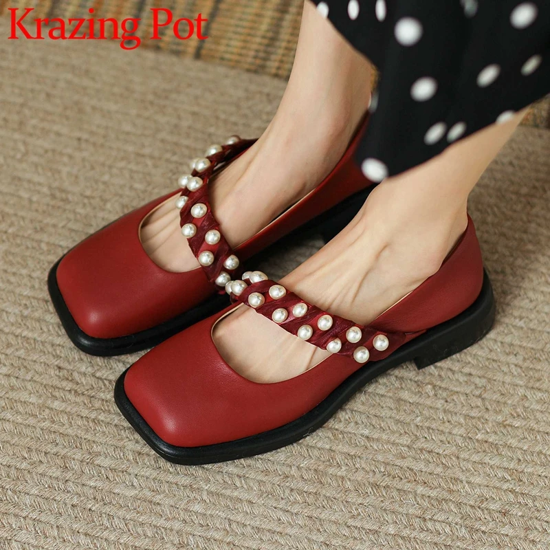 

Krazing Pot 2022 New Arrival Genuine Leather Square Toe Med Heel Pearl Decoration Princess Style Sweet Fashion Women Pumps L65