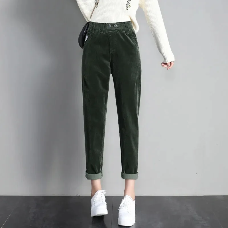 

New Corduroy Pants Padded Warm Women Fashion High Waist Ladies Trousers 2023 Winter Streetwear Simple Plus Velvet Harem Pants