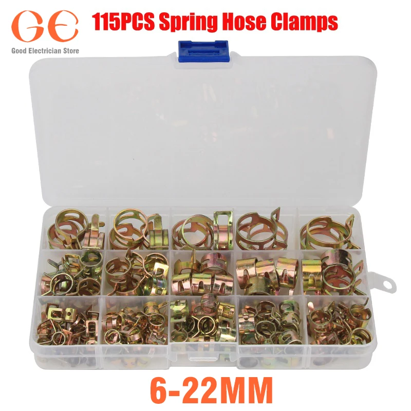 

115 PCS Zinc Plated 6-22mm Spring Hose Clamps + 1PC Straight Throat Tube Clamp for Band Clamp Metal Fastener Assortment Kit