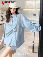 ladies satin irregular pearl chain mid length blue shirts elegant womens new polo collar buttoned blouses camisas de mujer