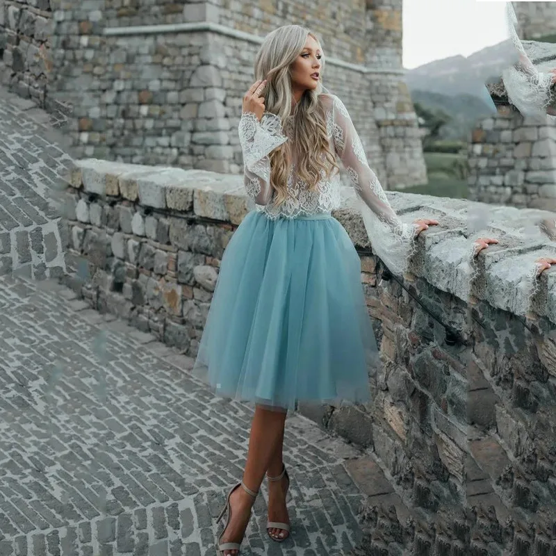 

BridalAffair, платья для встречи выпускников из двух частей, кружевные и тюлевые платья с длинными рукавами для выпускного вечера, короткое официальное платье, дешевое свадебное платье