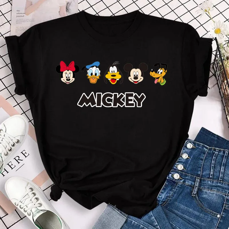 

Красочные Топы Y2k с принтом Микки, женская футболка из мультфильма Диснея, корейская мода, кавайная одежда, забавная футболка с Минни, милая уличная одежда