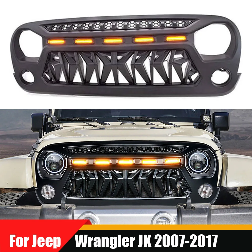

For Jeep Wrangler JK 2007-2017 Car Racing Grille Bumper Guard Grill With Metal Mesh with 5 LED Lights Replacement Knight Grills
