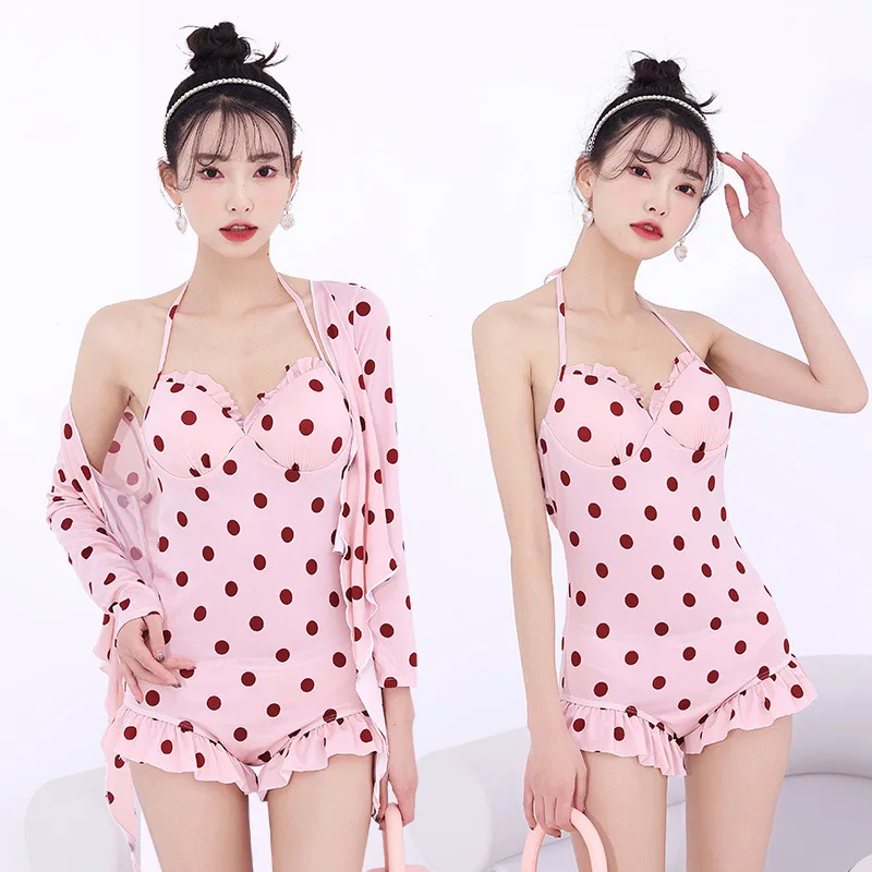 

2023 New One Piece Swimsuit Cover-up 2pcs for Women Sexy Push-up Slim Bikini Swimwear Korean Sweet Girls Beachwear Bathing Suit
