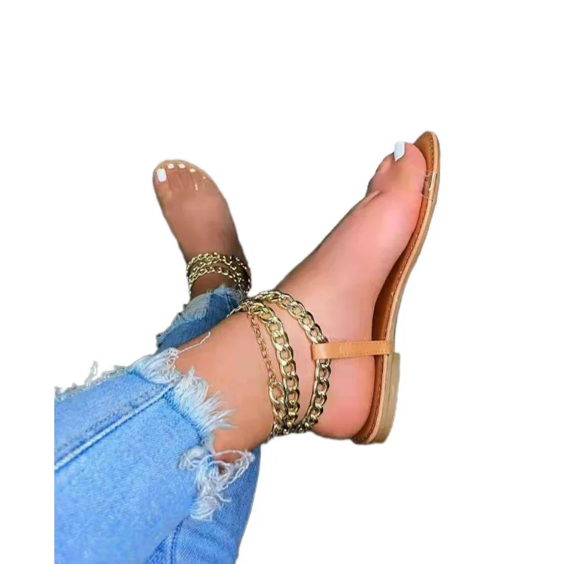 

Большие сандалии женские, новинка 2023, сандалии с круглым носком и металлической цепочкой, женские пляжные сандалии