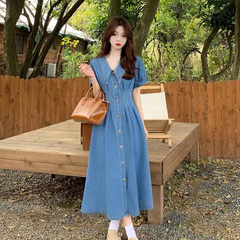 

Denim Dress Womens 2022 Summer New Literary Retro Lapel Long Waist Skirt Women's Large Size Single Breasted Casual Jeans Dresses