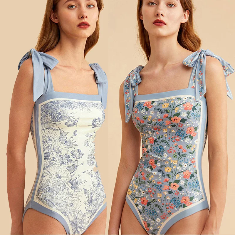 

2023 Luxury Brand Reversible Swimsuit Retro Floral Print One-Piece Beachwear Women's Hot Spring Conservative Swimwear Skirt Set