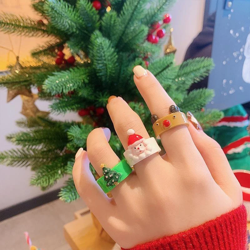 

Cute Cartoon Christmas Rings Santa Claus Elk Bell Christmas Tree Resin Finger Ring for Women Girls Christmas Gift Wholesale