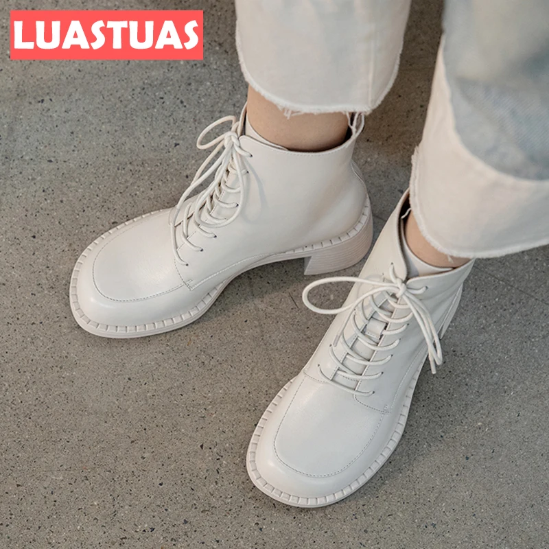 

Новое поступление, женские короткие сапоги LuasTuas из натуральной кожи, женская обувь на квадратном каблуке, зимняя Клубная женская обувь, раз...